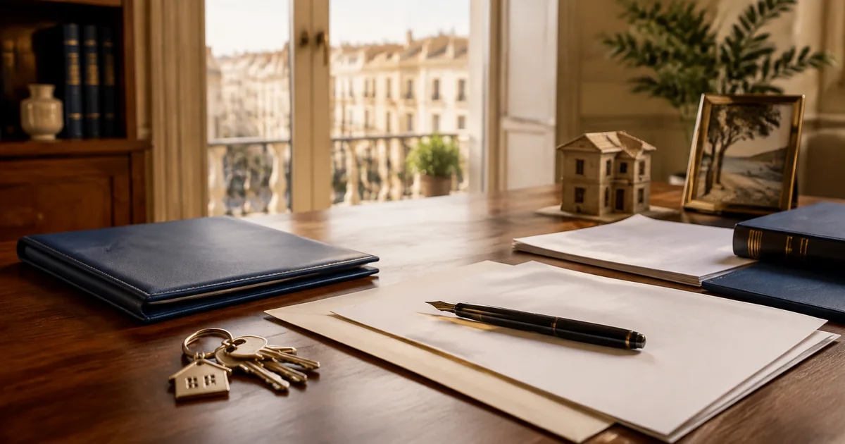 Abogados de herencias en Cartagena Mesa de despacho con documentos sucesorios, llaves de una vivienda y material jurídico.